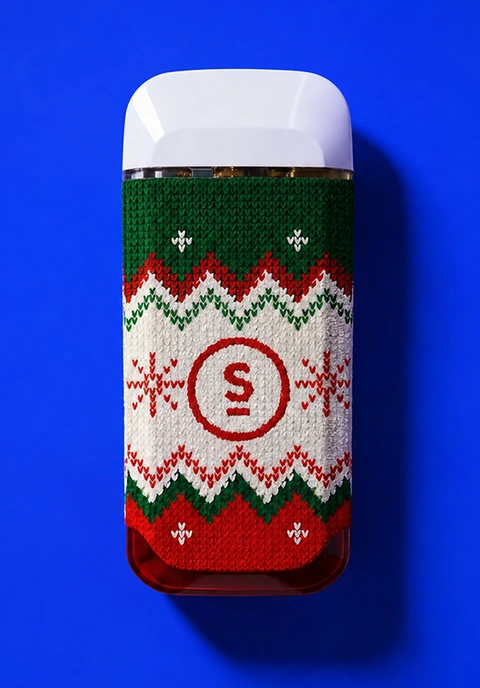 A Briq wrapped in a red and green holiday knit
